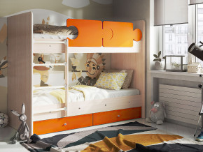 Кровать двухъярусная Тетрис латы с бортиками дуб млечный-оранжевый в Реж - rezh.magazinmebel.ru | фото